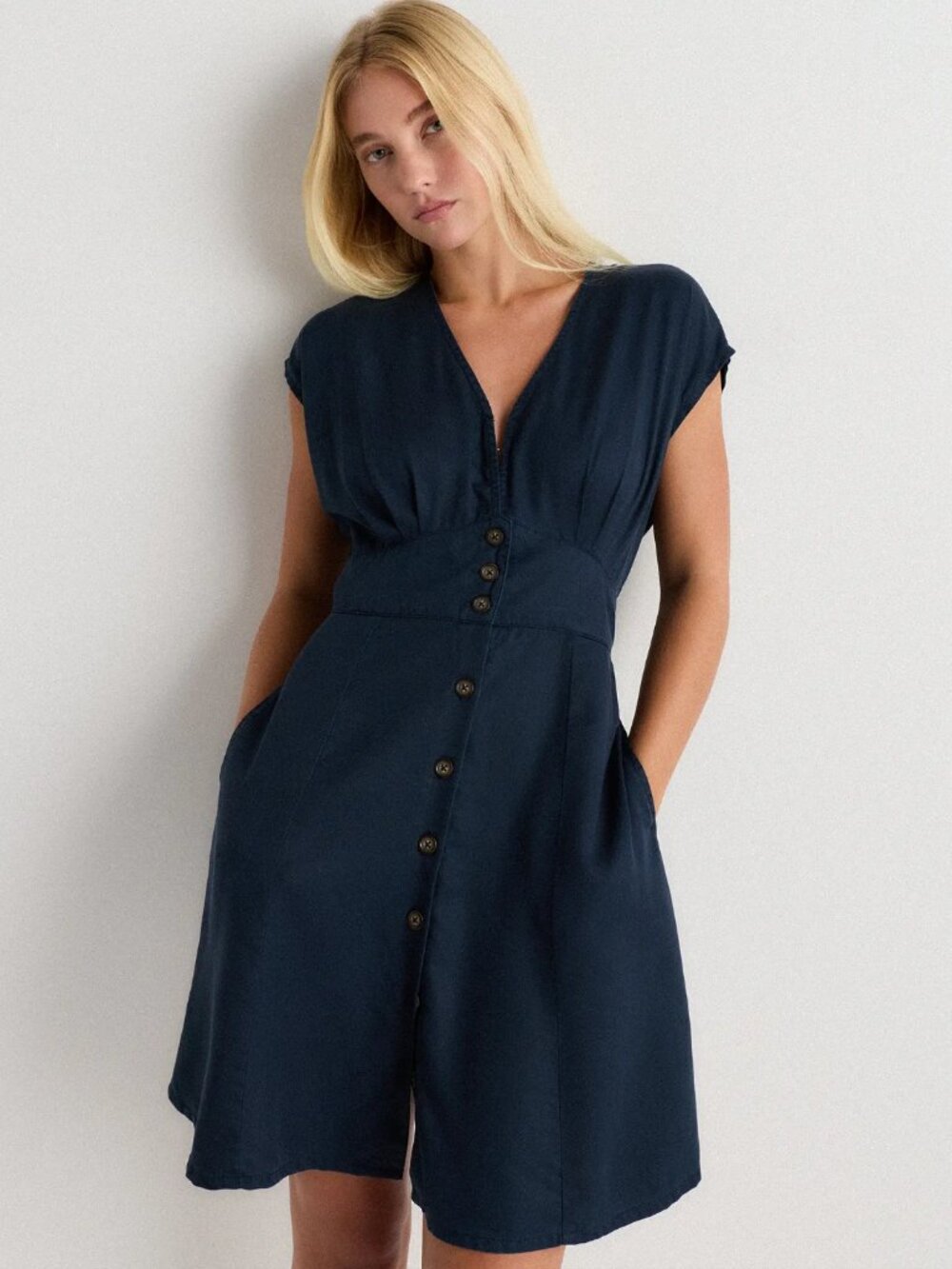 NWT Quince Vintage Wash Tencel Button Front Dress Midnight Blue XS